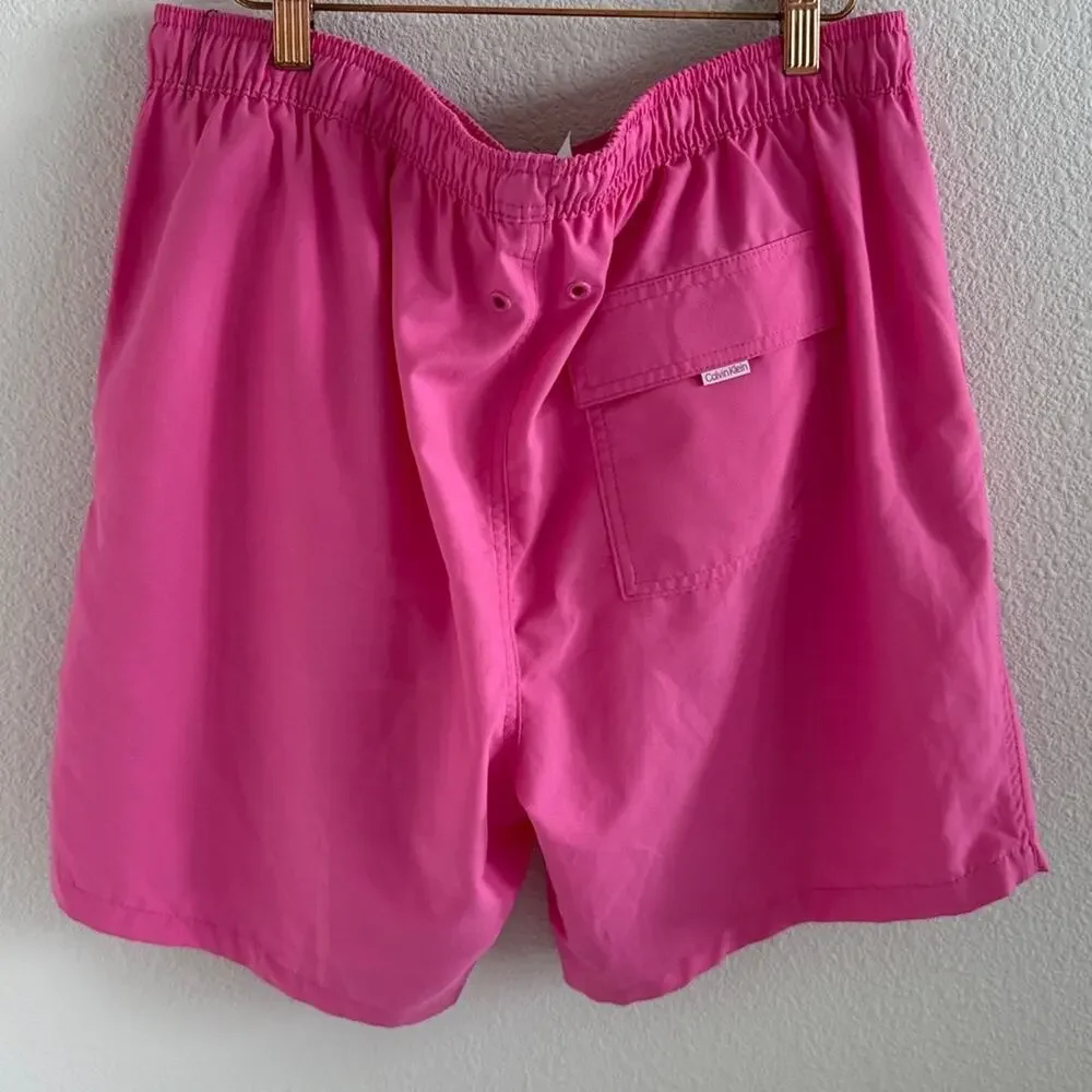 NWT Calvin Klein Men's Bright Pink Spell Out Swim Trunks Shorts UV Protection XL